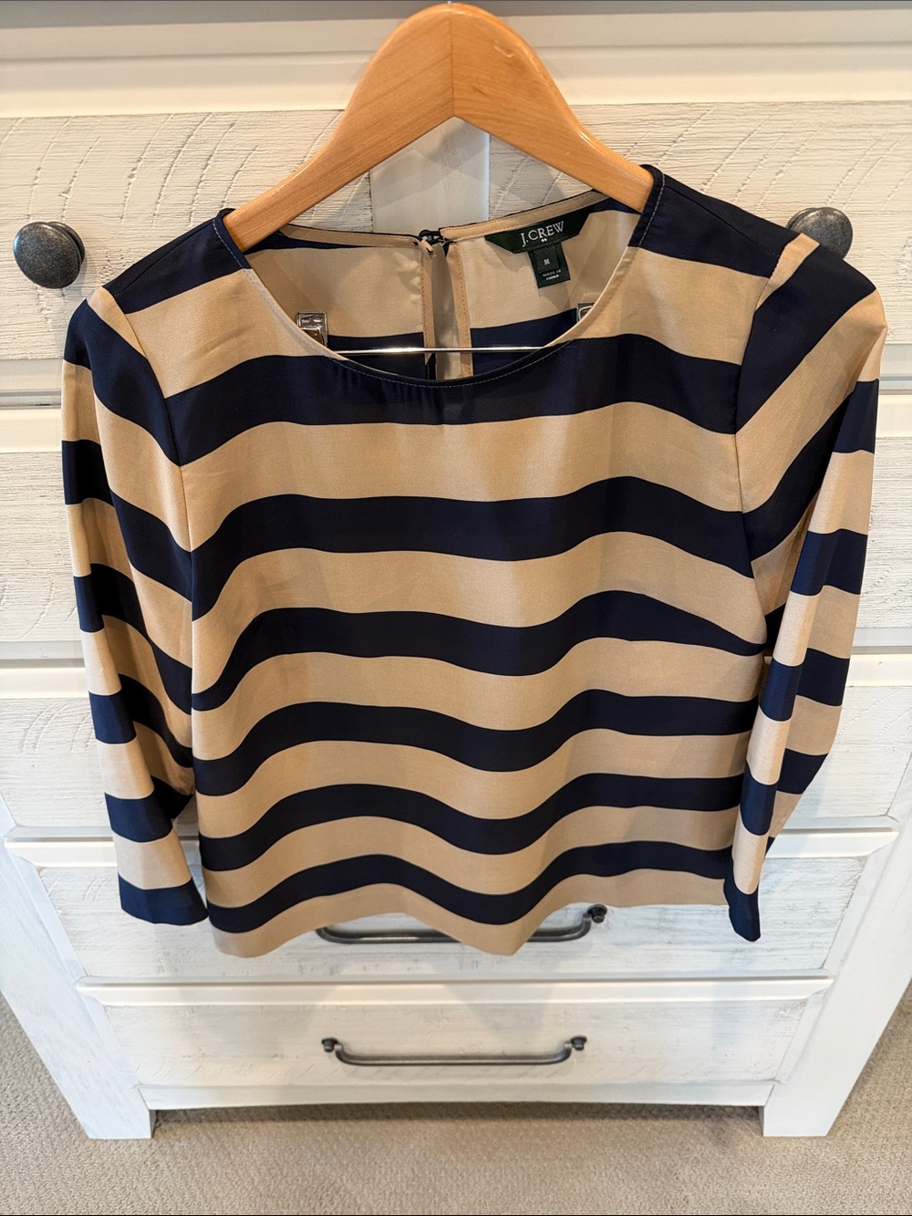 J. Crew Navy and Tan Striped Boatneck Blouse